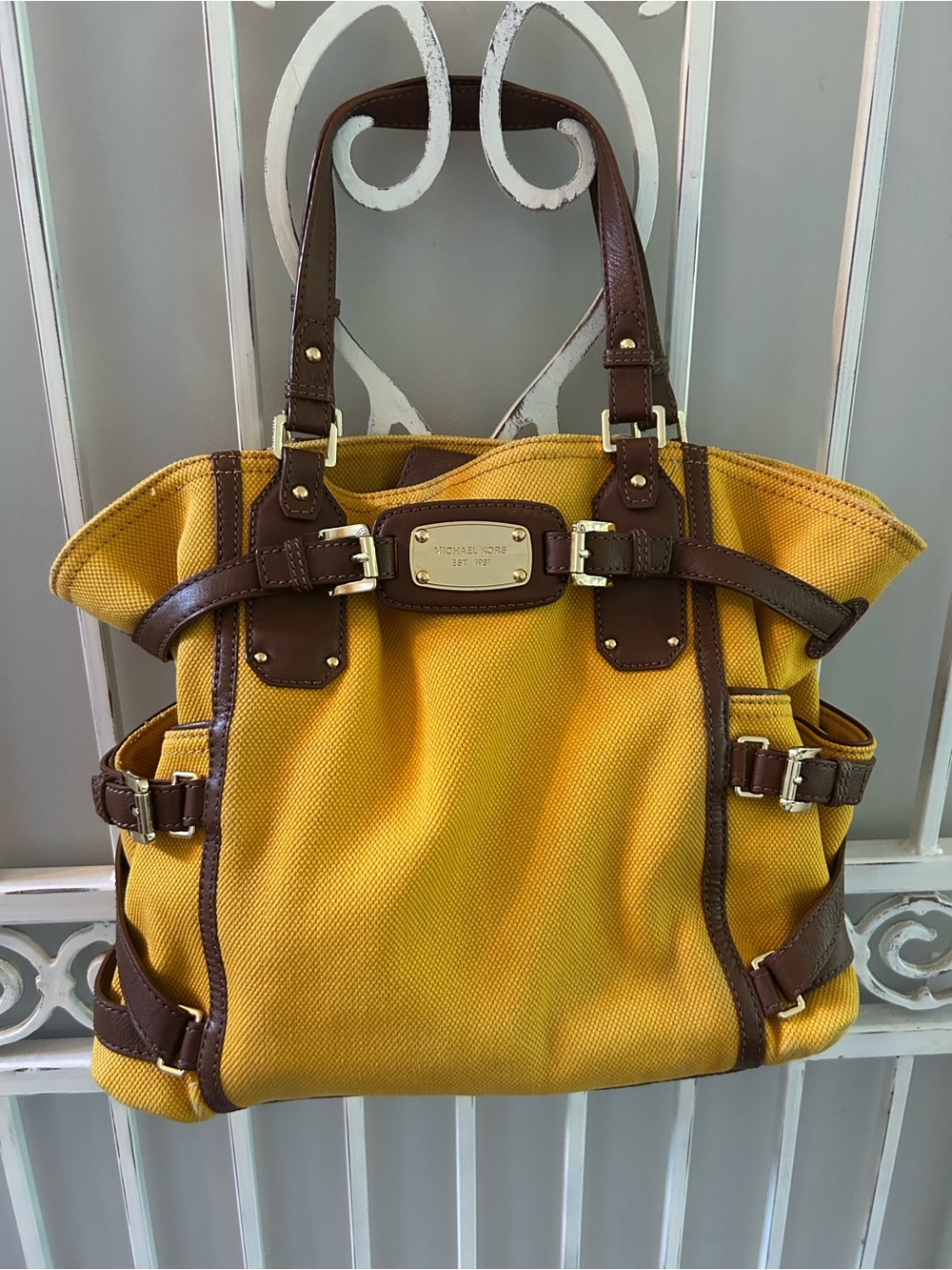 Michael Kors Yellow Canvas Tote with Brown Leather Accents